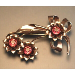Vintage Rose Gold Vermeil Pink Rhinestone Flower Brooch Sterling Pin